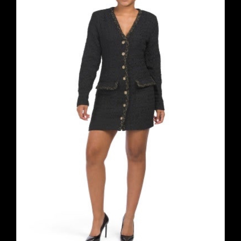 black endless rose trim detal tweed dress
